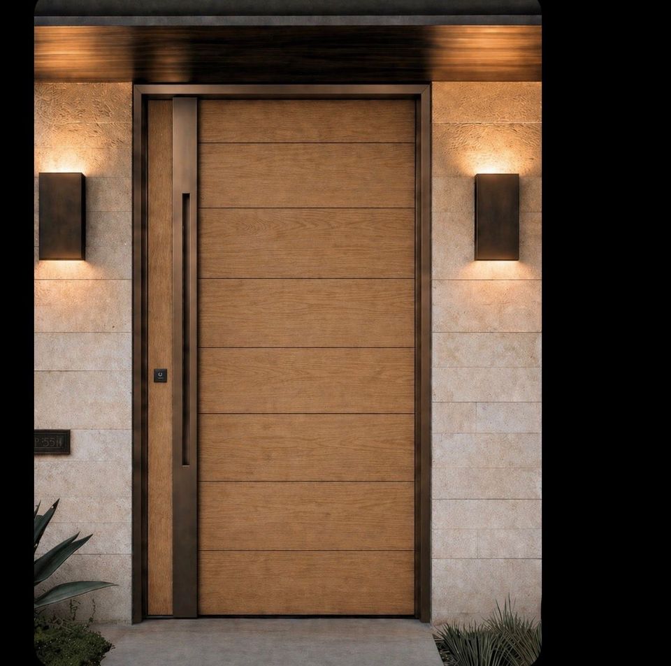 Oak Pivot Entrance Door With Wall Lights