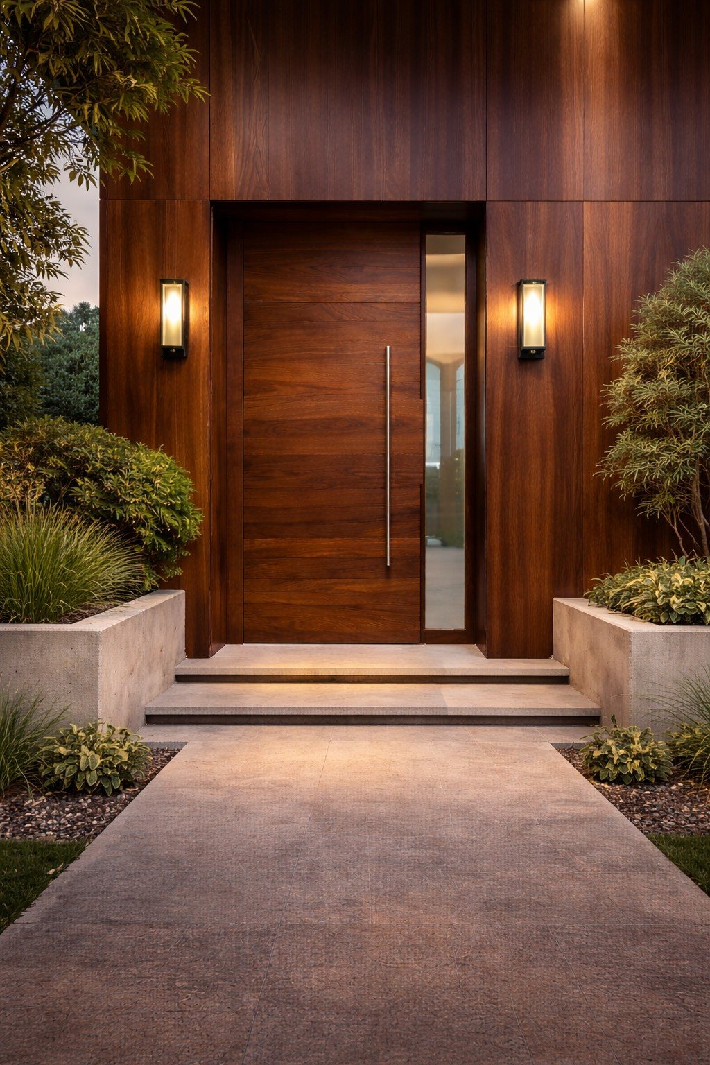 Walnut entrance door with sidelight and wall lights at dusk, design study